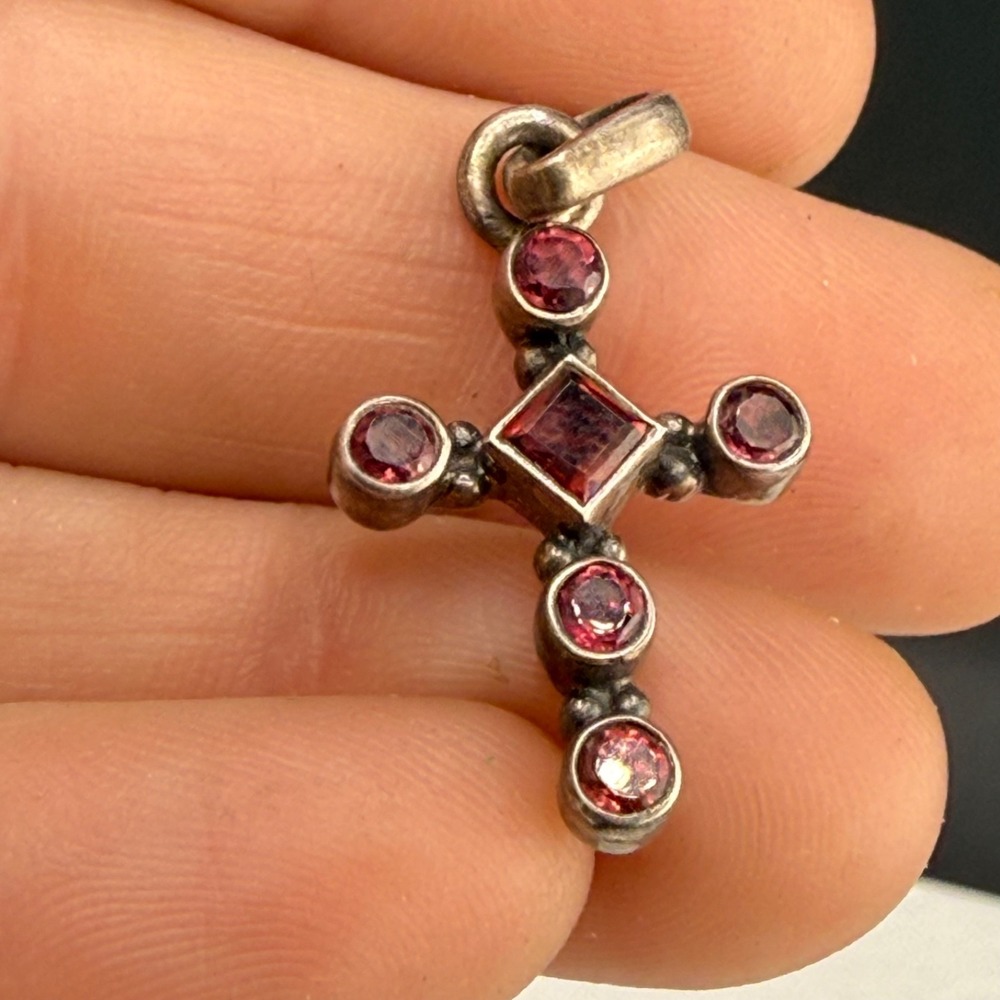 Vintage Estate Cross Pendant Sterling Silver Pink Rhinestone Open Back